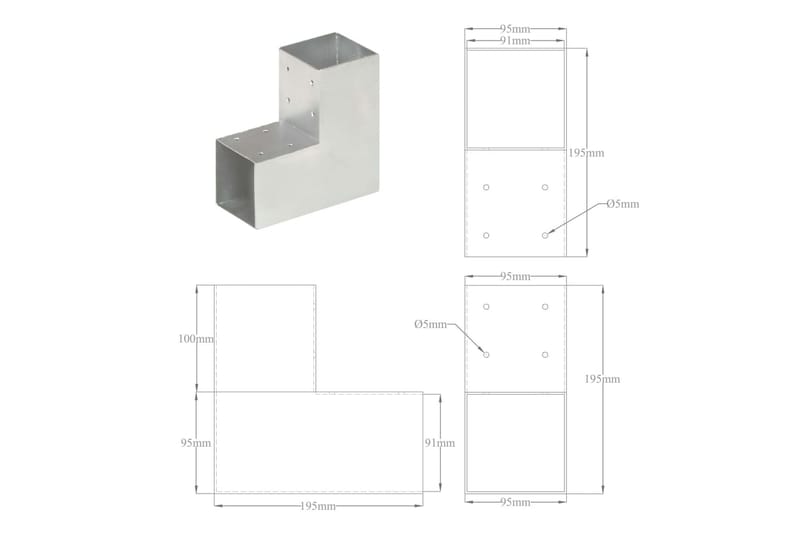 stolpebeslag L-form 4 stk. 91x91 mm galvaniseret metal - Sølv - Hus & renovering - Indsynsbeskyttelse & indhegning - Stakit