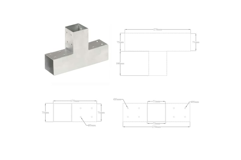 stolpebeslag T-form 4 stk. 71x71 mm galvaniseret metal - Sølv - Stakitstolper