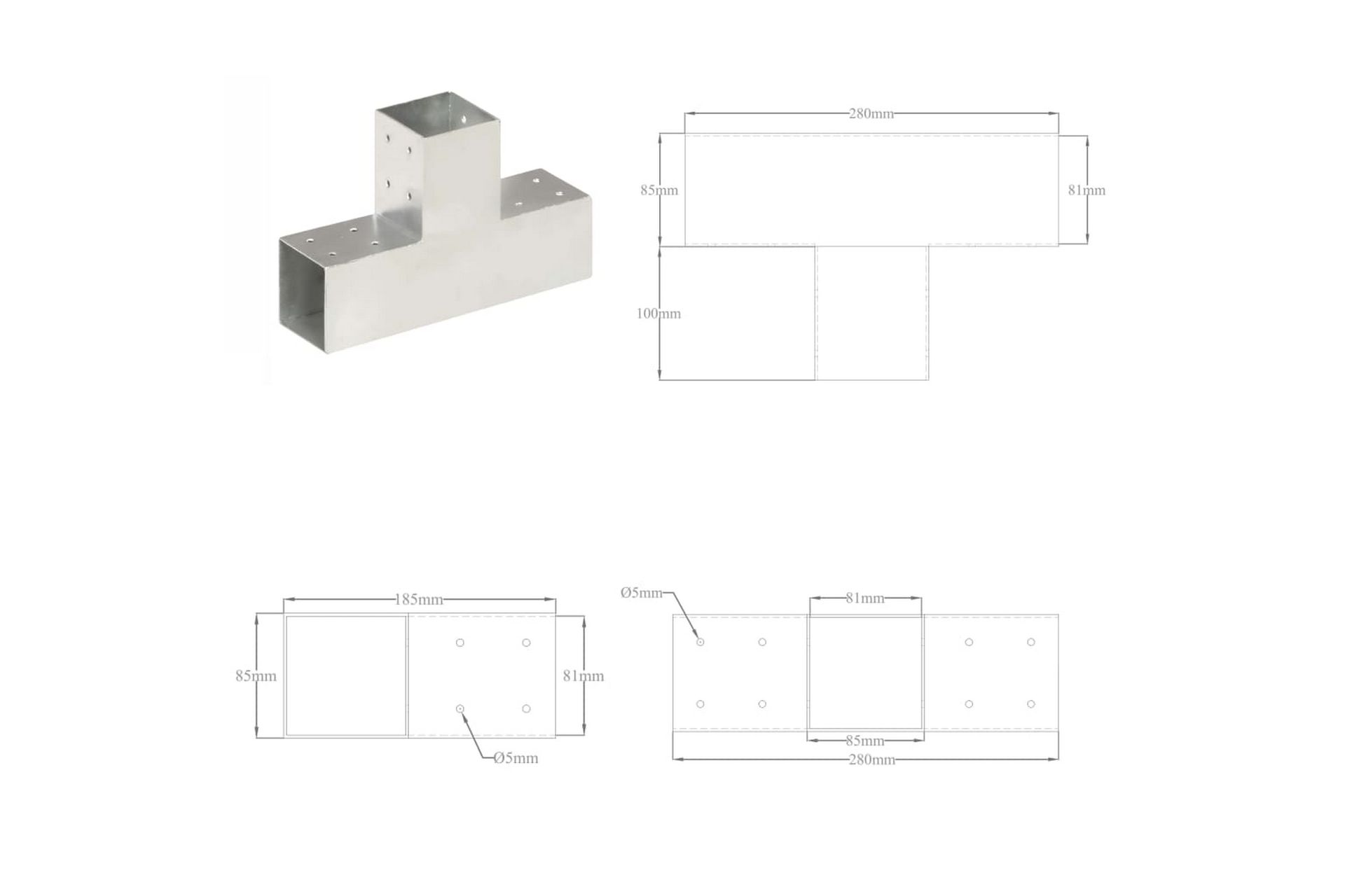 stolpebeslag T-form 4 stk. 81x81 mm galvaniseret metal - Sølv - Hus & renovering - Indsynsbeskyttelse & indhegning - Stakit