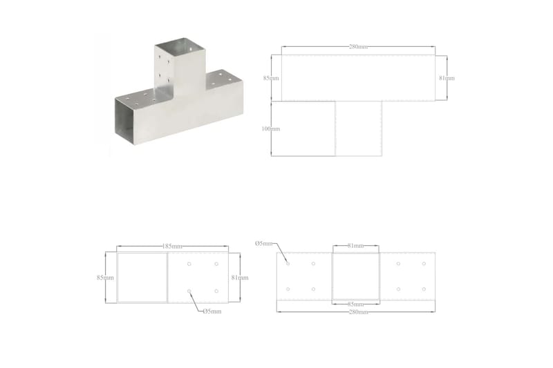 stolpebeslag T-form 4 stk. 81x81 mm galvaniseret metal - Sølv - Stakitstolper