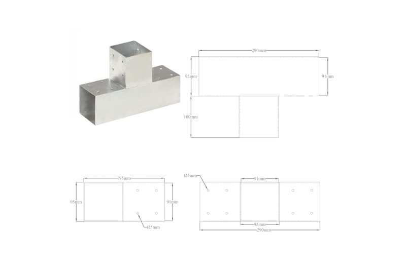 stolpebeslag T-form 4 stk. 91x91 mm galvaniseret metal - Sølv - Hus & renovering - Indsynsbeskyttelse & indhegning - Stakit