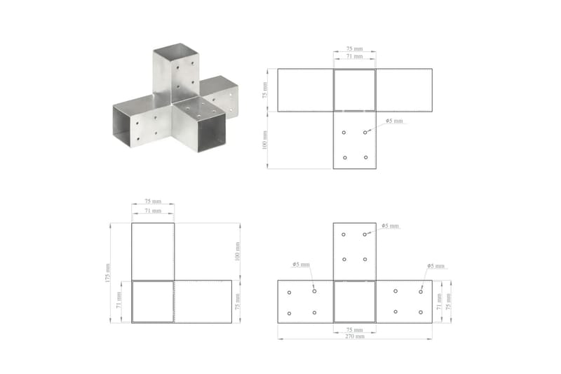 stolpebeslag X-form 4 stk. 71x71 mm galvaniseret metal - Sølv - Stakitstolper