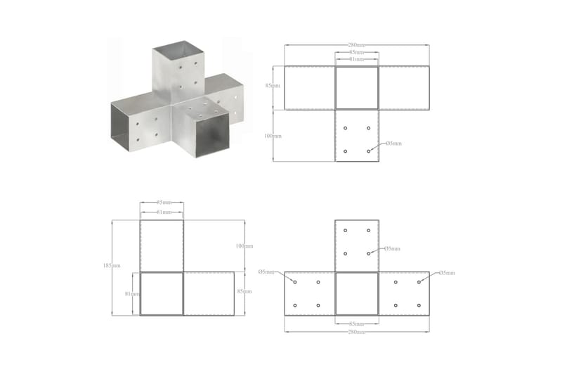 stolpebeslag X-form 4 stk. 81x81 mm galvaniseret metal - Sølv - Stakitstolper