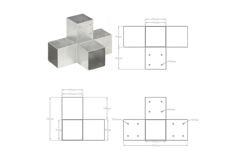 stolpebeslag X-form 4 stk. 91x91 mm galvaniseret metal - Sølv - Hus & renovering - Indsynsbeskyttelse & indhegning - Stakit
