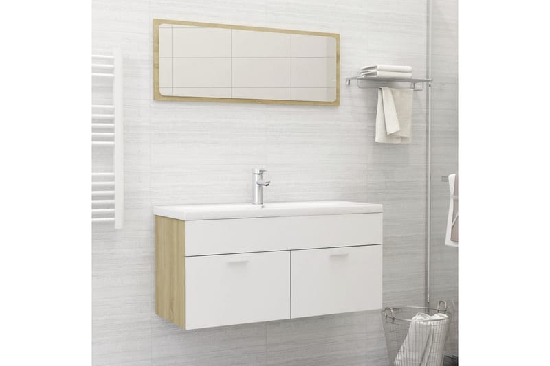 badeværelsesmøbelsæt 2 dele spånplade hvid og sonoma-eg - Beige - Vasketøjsskab - Vægskabe & højskabe - Badeværelsesskab