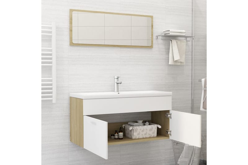 badeværelsesmøbelsæt 2 dele spånplade hvid og sonoma-eg - Beige - Vasketøjsskab - Vægskabe & højskabe - Badeværelsesskab