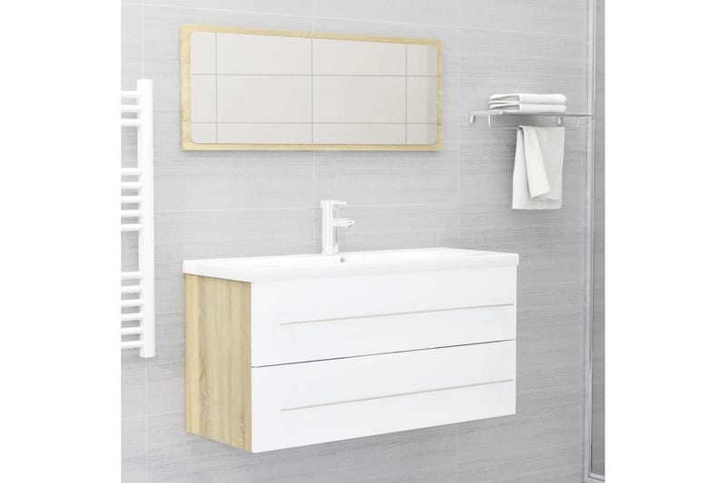 badeværelsesmøbelsæt 2 dele spånplade hvid og sonoma-eg - Beige - Komplette møbelpakker