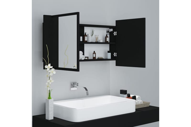 badeværelsesskab m. spejl + LED-lys 90x12x45 cm sort - Sort - Spejlskabe