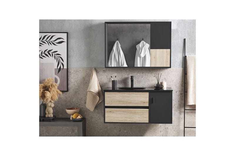 Badeværelsesskab Teruel Lyst træ, sort, 100x48x70 cm - Lyst træ, sort, 100x48x70 cm - Hus & renovering - Køkken & bad - Badeværelse - Badeværelsesmøbler - Badeværelsesskab