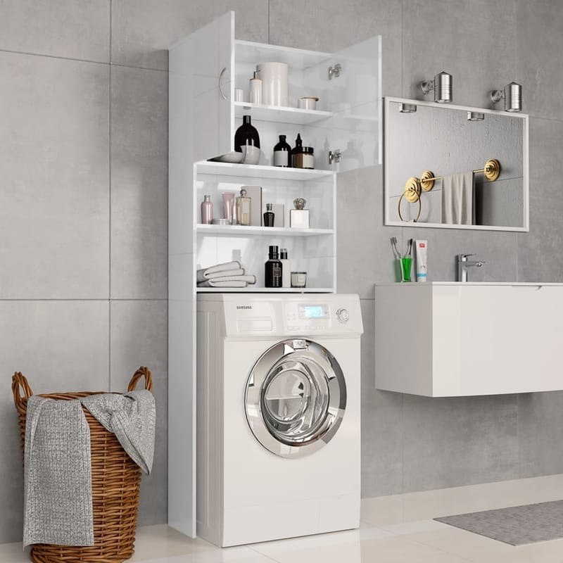Vaskemaskineskab Højglans 64 X 25,5 X 190 Cm Spånplade Hvid - Hvid - Badeværelsesskab