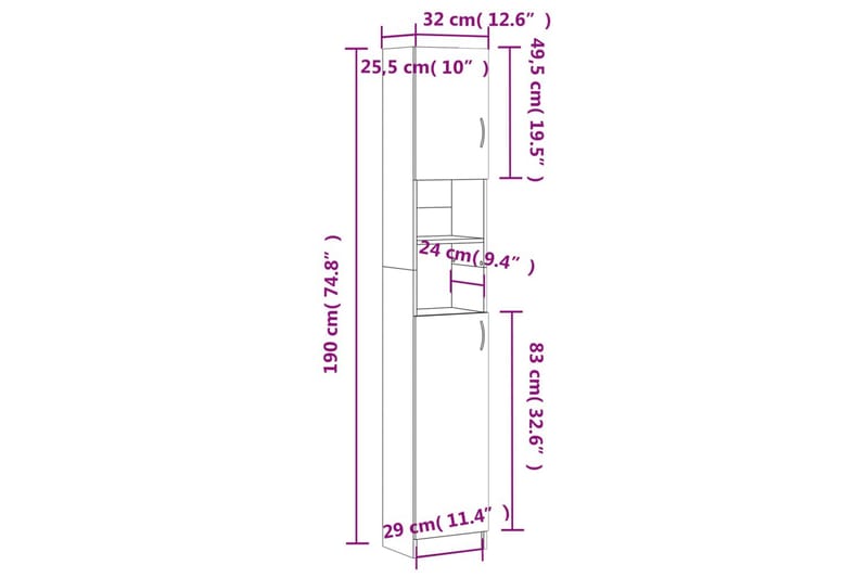 beBasic badeværelsesskab 32x25,5x190 cm konstrueret træ brun egetræ - Brun - Vasketøjsskab - Vægskabe & højskabe - Badeværelsesskab