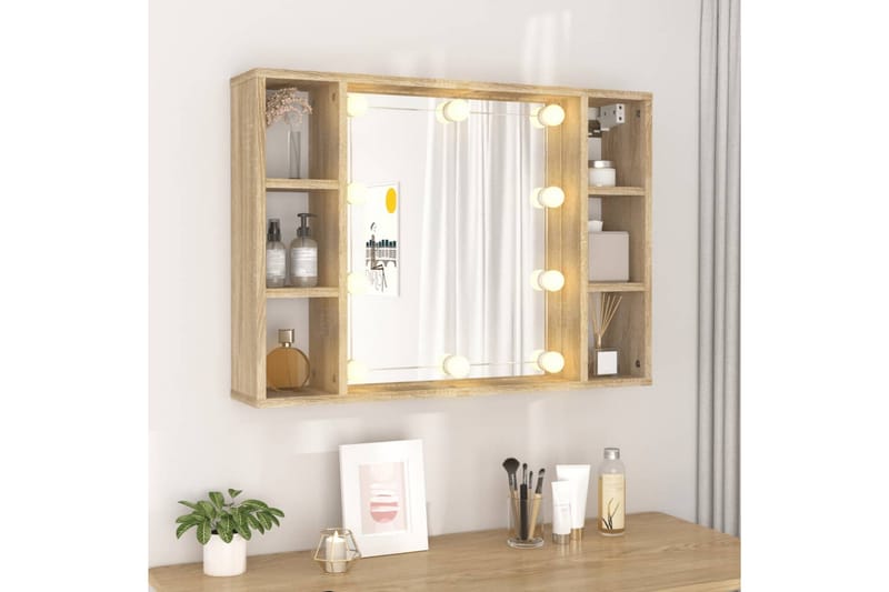 beBasic spejlskab med LED-lys 76x15x55 cm sonoma-eg - Brun - Hus & renovering - Køkken & bad - Badeværelse - Badeværelsesmøbler - Spejlskabe