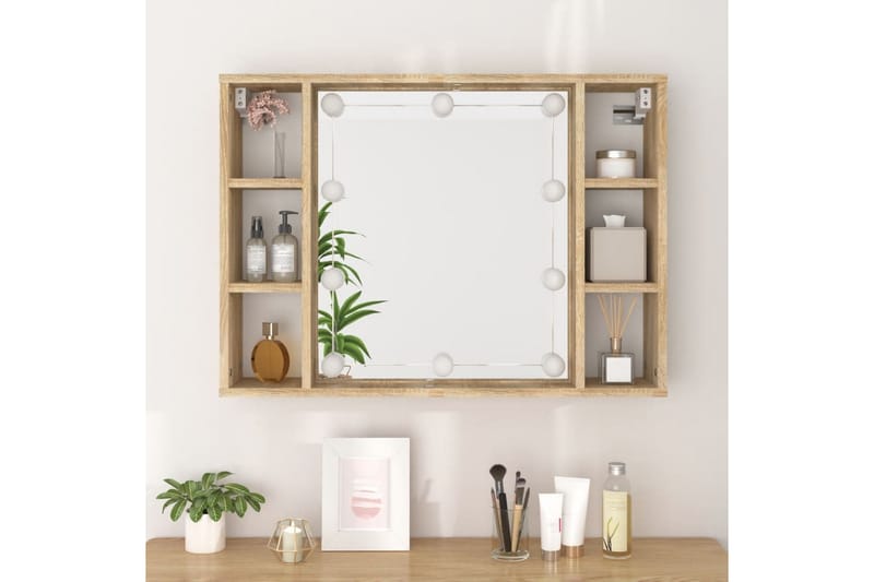 beBasic spejlskab med LED-lys 76x15x55 cm sonoma-eg - Brun - Hus & renovering - Køkken & bad - Badeværelse - Badeværelsesmøbler - Spejlskabe