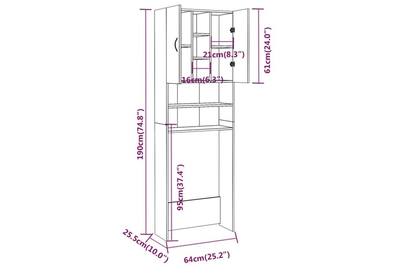 beBasic vaskemaskineskab 64x25,5x190 cm røget egetræsfarve - Hus & renovering - Køkken & bad - Badeværelse - Badeværelsesmøbler - Badeværelsesskab