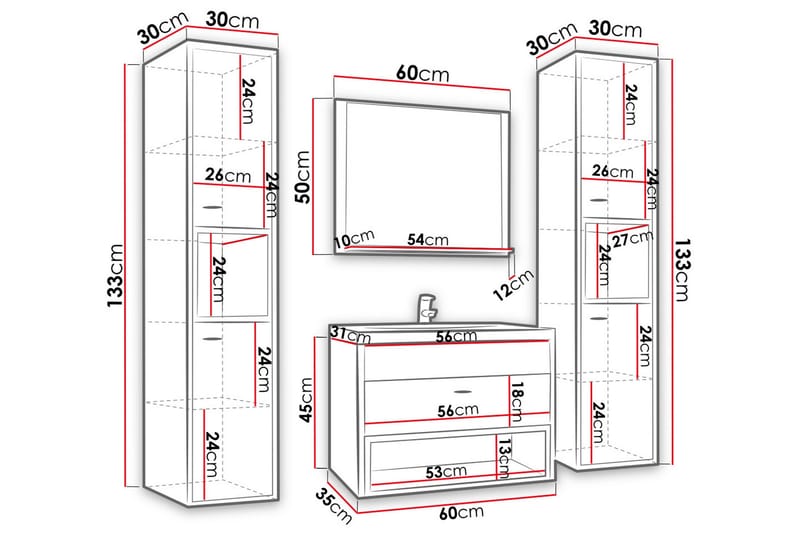 Ekomi Møbelsæt til Badeværelse 133 cm - Hus & renovering - Køkken & bad - Badeværelse - Badeværelsesmøbler - Komplette møbelpakker