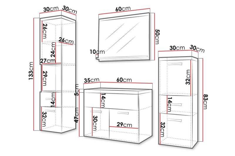 Ericka Møbelsæt til Badeværelse 133 cm - Hus & renovering - Køkken & bad - Badeværelse - Badeværelsesmøbler - Komplette møbelpakker