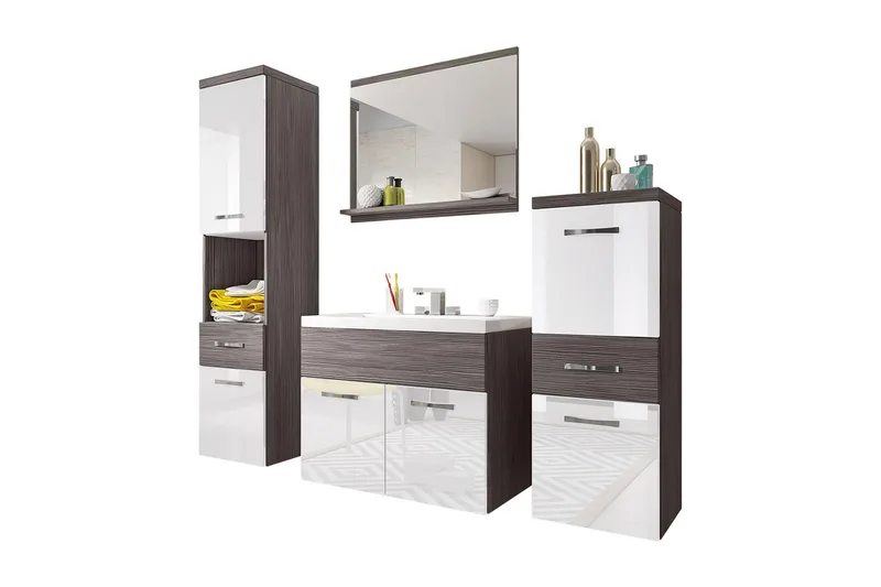 Alba Badeværelsessæt - Hvid/Højglans/Grå/Brun - Hus & renovering - Køkken & bad - Badeværelse - Badeværelsesmøbler - Komplette møbelpakker