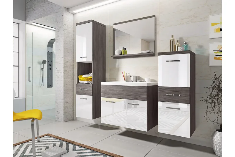 Alba Badeværelsessæt, Hvid/Højglans/Grå/Brun