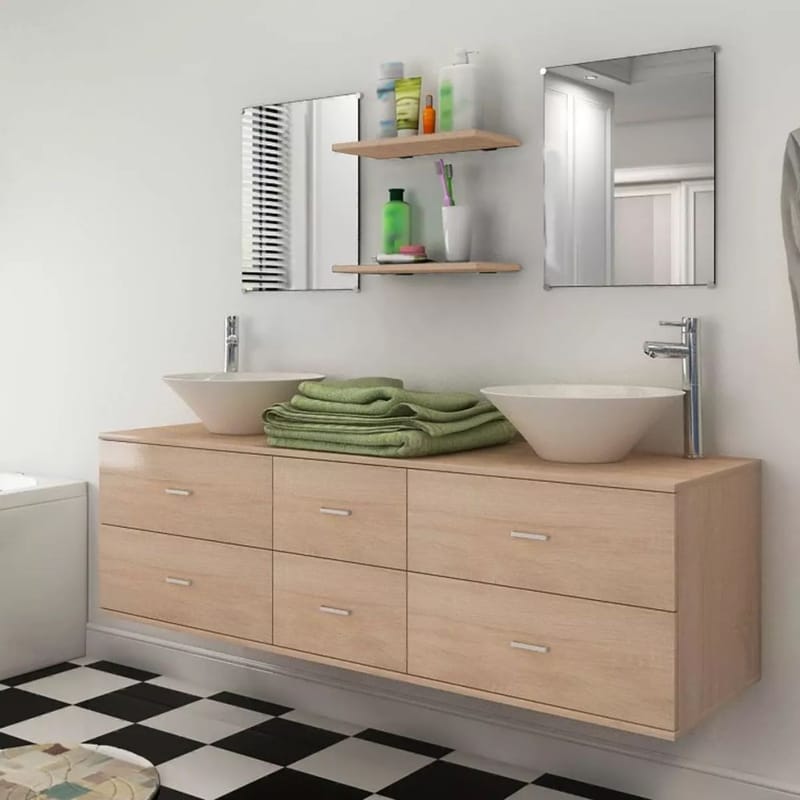 Sæt m Badeværelsesmøbler M/Håndvask + Vandhane 9 Dele - Beige - Komplette møbelpakker