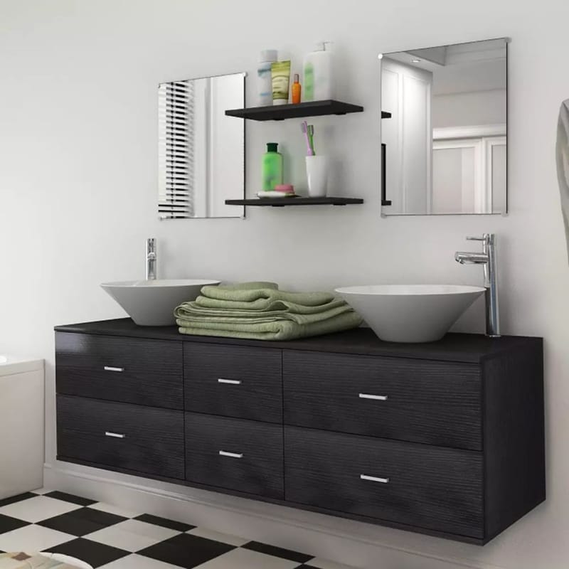 Sæt Med Badeværelsesmøbler M/Håndvask + Vandhane 9 Dele Sort - Sort - Komplette møbelpakker
