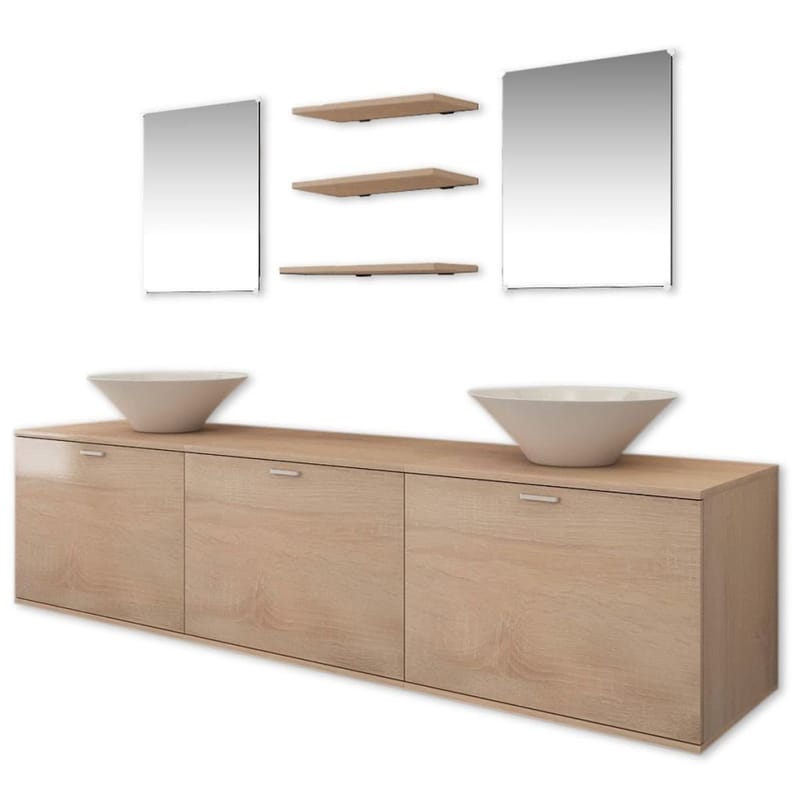 Sæt Med Badeværelsesmøbler M/Håndvask+Vandhane 10 Dele Beige - Beige - Komplette møbelpakker