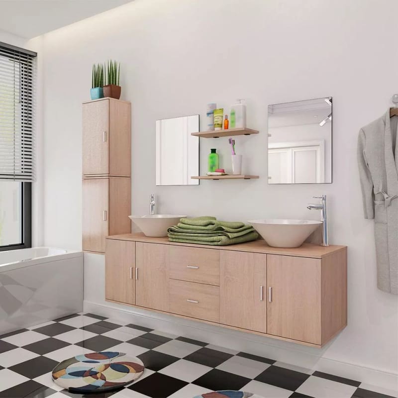 Sæt Med Badeværelsesmøbler M/Håndvask+Vandhane 11 Dele Beige - Beige - Hus & renovering - Køkken & bad - Badeværelse - Badeværelsesmøbler - Komplette møbelpakker