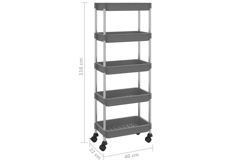 køkkenvogn med 5 hylder 40x22x116 cm jern og ABS grå - Grå - Rullevogn badeværelse