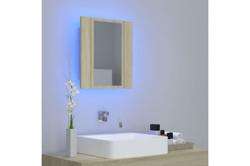 badeværelsesskab m. spejl + LED-lys 40x12x45 cm sonoma-eg - Brun - Spejlskabe