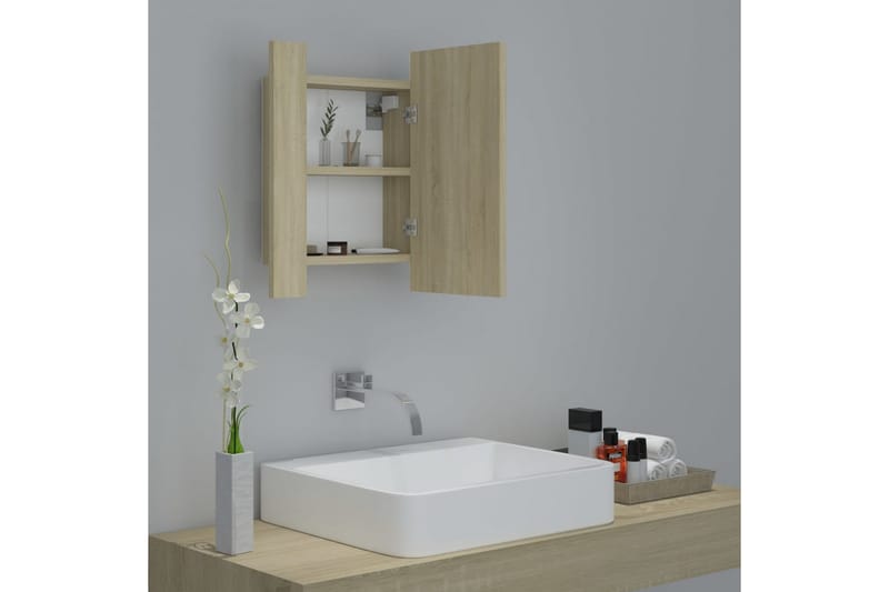 badeværelsesskab m. spejl + LED-lys 40x12x45 cm sonoma-eg - Brun - Hus & renovering - Køkken & bad - Badeværelse - Badeværelsesmøbler - Spejlskabe