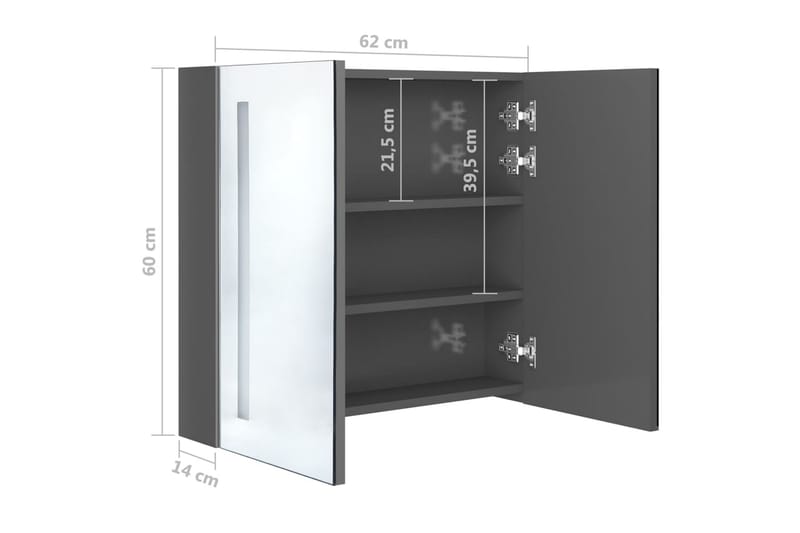 badeværelsesskab m. spejl + LED-lys 62x14x60 cm skinnende - Spejlskabe