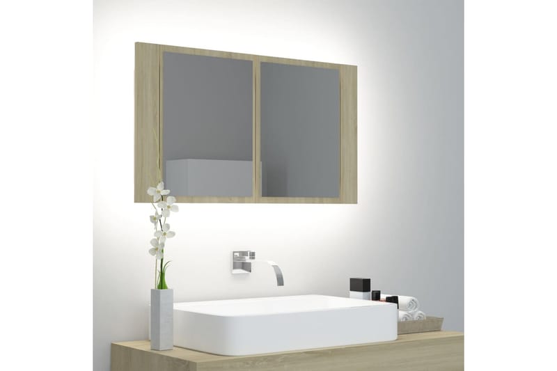 badeværelsesskab m. spejl + LED-lys 80x12x45 cm sonoma-eg - Brun - Spejlskabe