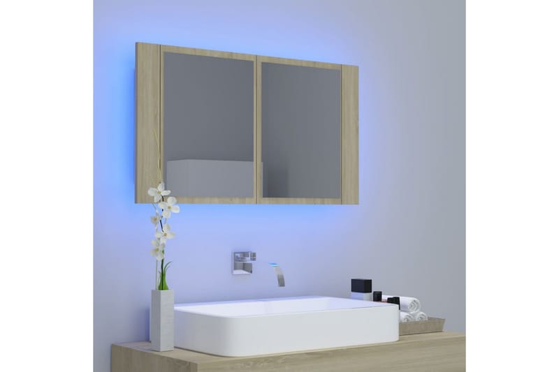 badeværelsesskab m. spejl + LED-lys 80x12x45 cm sonoma-eg - Brun - Hus & renovering - Køkken & bad - Badeværelse - Badeværelsesmøbler - Spejlskabe