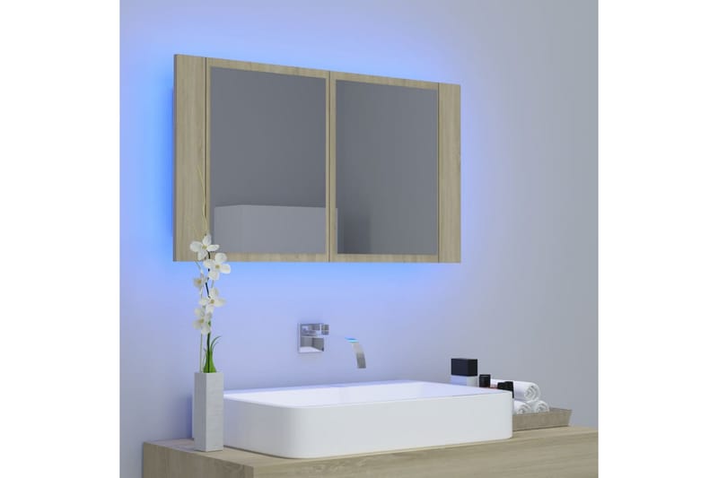 badeværelsesskab m. spejl + LED-lys 80x12x45 cm sonoma-eg - Brun - Spejlskabe