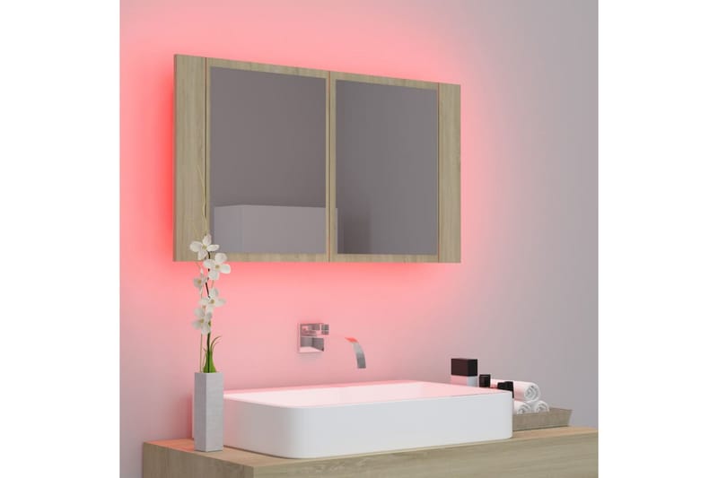 badeværelsesskab m. spejl + LED-lys 80x12x45 cm sonoma-eg - Brun - Hus & renovering - Køkken & bad - Badeværelse - Badeværelsesmøbler - Spejlskabe