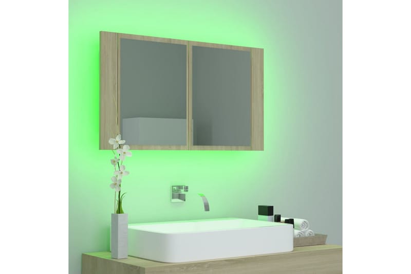 badeværelsesskab m. spejl + LED-lys 80x12x45 cm sonoma-eg - Brun - Hus & renovering - Køkken & bad - Badeværelse - Badeværelsesmøbler - Spejlskabe