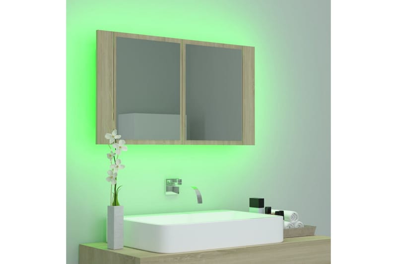 badeværelsesskab m. spejl + LED-lys 80x12x45 cm sonoma-eg - Brun - Spejlskabe