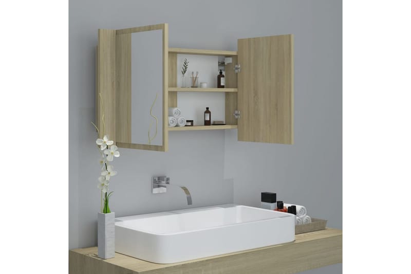 badeværelsesskab m. spejl + LED-lys 80x12x45 cm sonoma-eg - Brun - Hus & renovering - Køkken & bad - Badeværelse - Badeværelsesmøbler - Spejlskabe