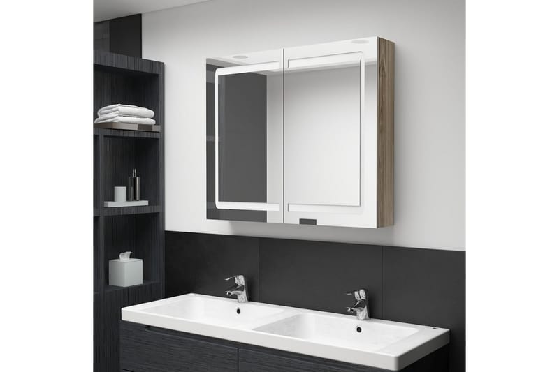 badeværelsesskab m. spejl + LED-lys 80x12x68 cm eg - Brun - Spejlskabe
