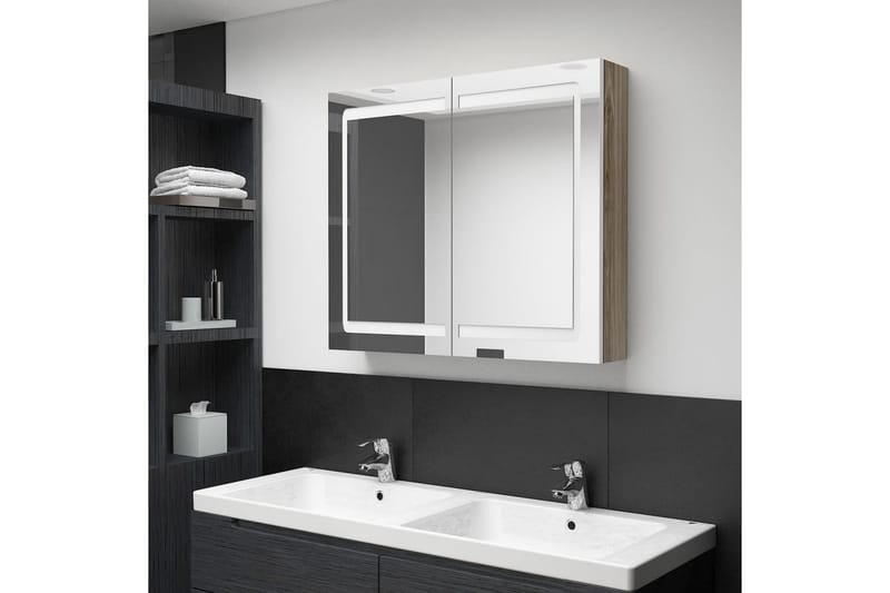 badeværelsesskab m. spejl + LED-lys 80x12x68 cm hvid og eg - Brun - Spejlskabe