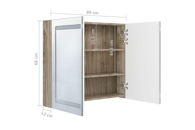 badeværelsesskab m. spejl + LED-lys 80x12x68 cm hvid og eg - Brun - Spejlskabe