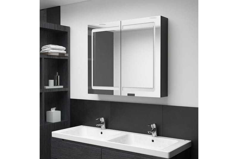 badeværelsesskab m. spejl + LED-lys 80x12x68 cm - Sort - Spejlskabe
