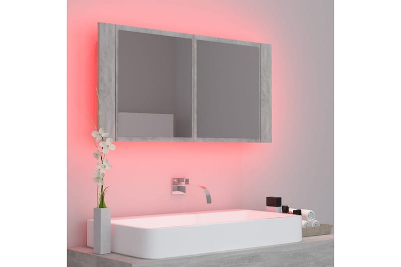 badeværelsesskab m. spejl + LED-lys 90x12x45 cm betongrå - Grå - Spejlskabe
