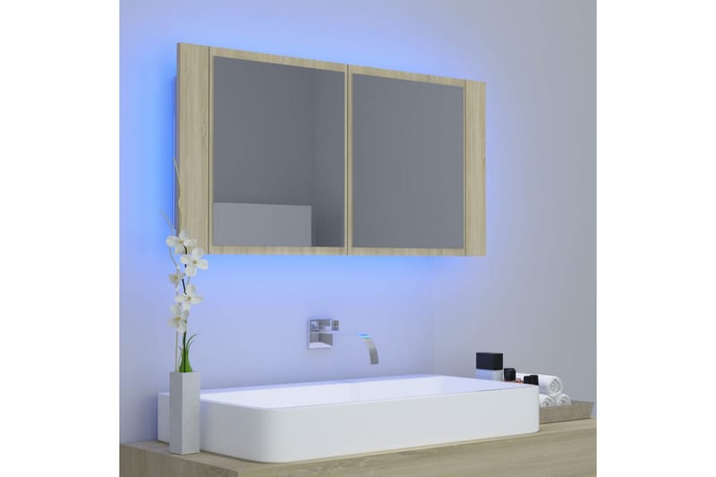 badeværelsesskab m. spejl + LED-lys 90x12x45 cm sonoma-eg - Brun - Hus & renovering - Køkken & bad - Badeværelse - Badeværelsesmøbler - Spejlskabe
