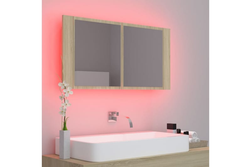 badeværelsesskab m. spejl + LED-lys 90x12x45 cm sonoma-eg - Brun - Spejlskabe