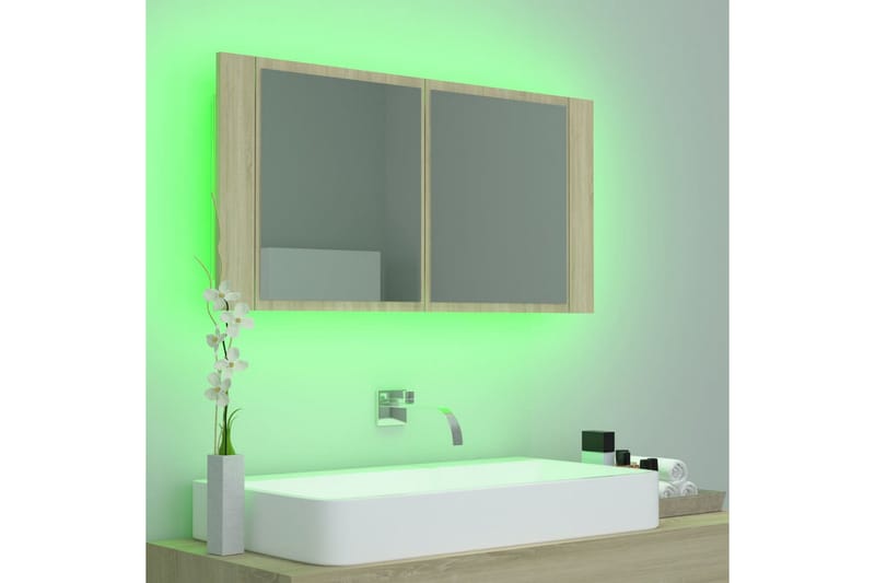 badeværelsesskab m. spejl + LED-lys 90x12x45 cm sonoma-eg - Brun - Spejlskabe
