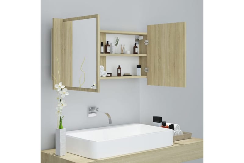 badeværelsesskab m. spejl + LED-lys 90x12x45 cm sonoma-eg - Brun - Hus & renovering - Køkken & bad - Badeværelse - Badeværelsesmøbler - Spejlskabe
