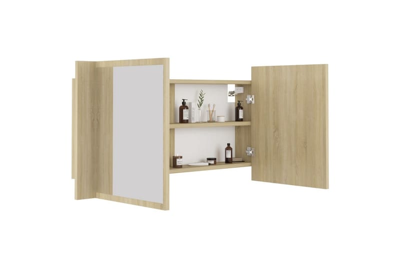 badeværelsesskab m. spejl + LED-lys 90x12x45 cm sonoma-eg - Brun - Spejlskabe