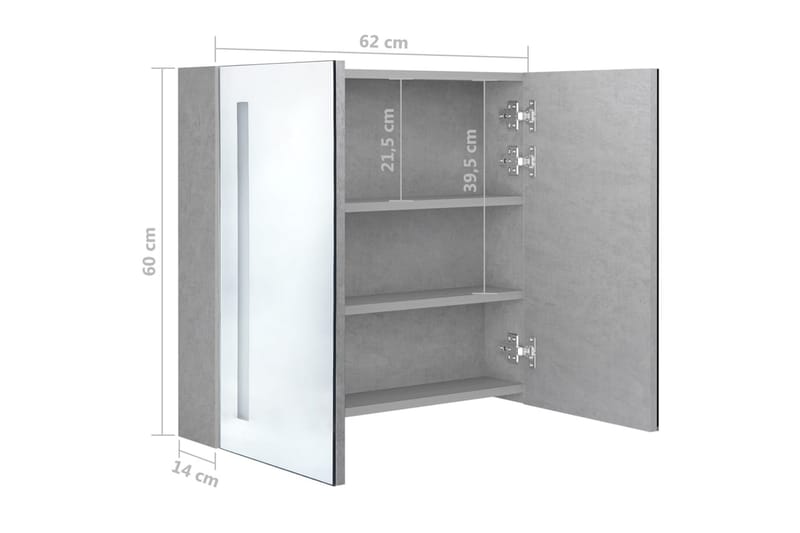 badeværelsesskab m. spejl LED-lys 62x14x60 cm betongrå - Spejlskabe