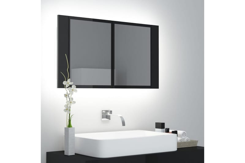 badeværelsesskab m. spejl og LED-lys 80x12x45 cm - Sort - Spejlskabe