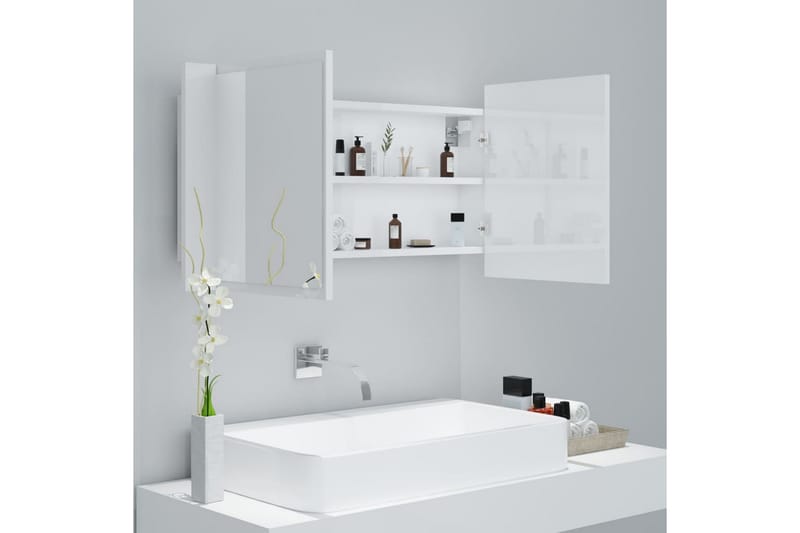 badeværelsesskab m. spejl og LED-lys 90x12x45 cm - Hvid - Spejlskabe